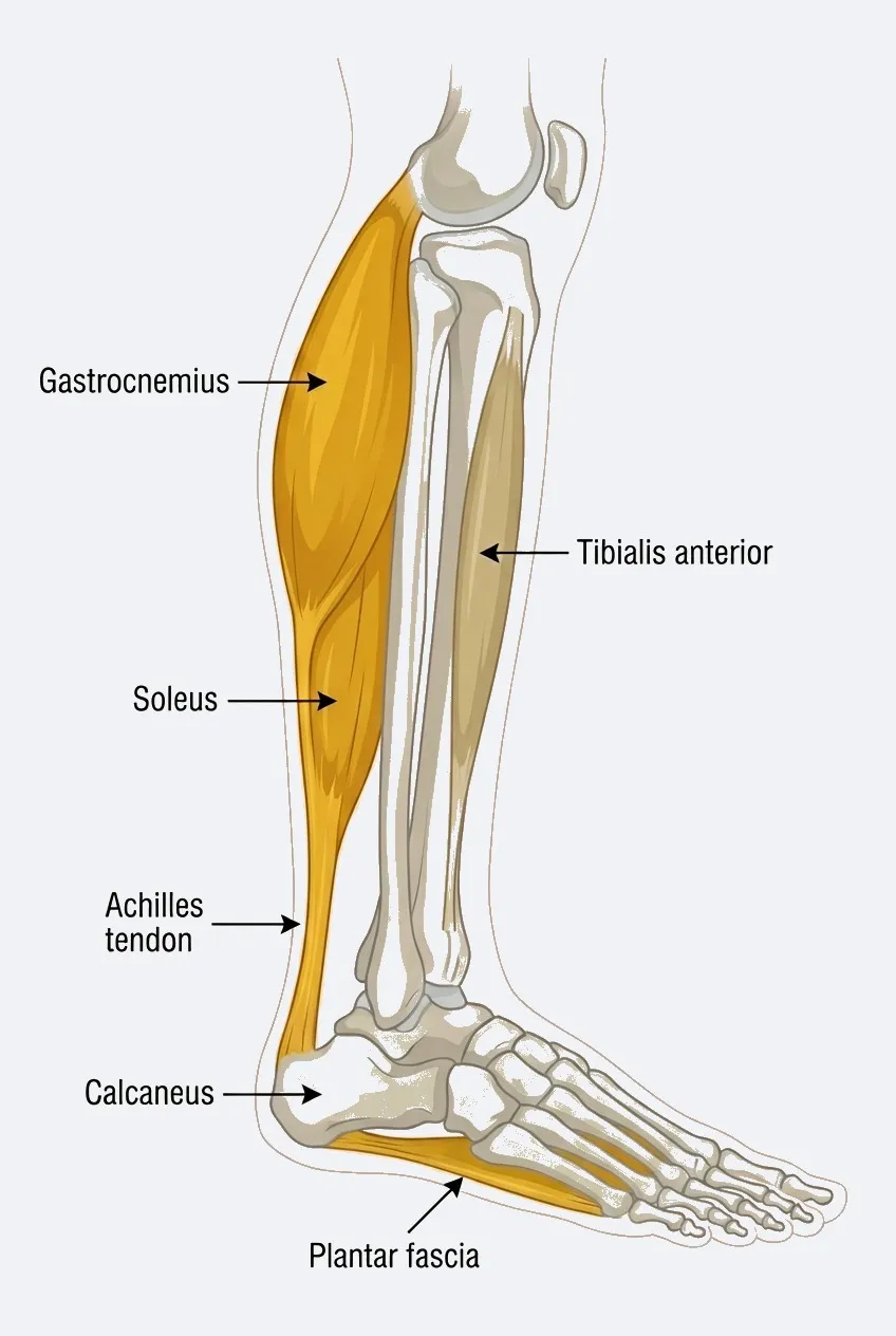 Anatomical diagram showing calf-to-plantar chain including gastrocnemius, Achilles tendon, and plantar fascia