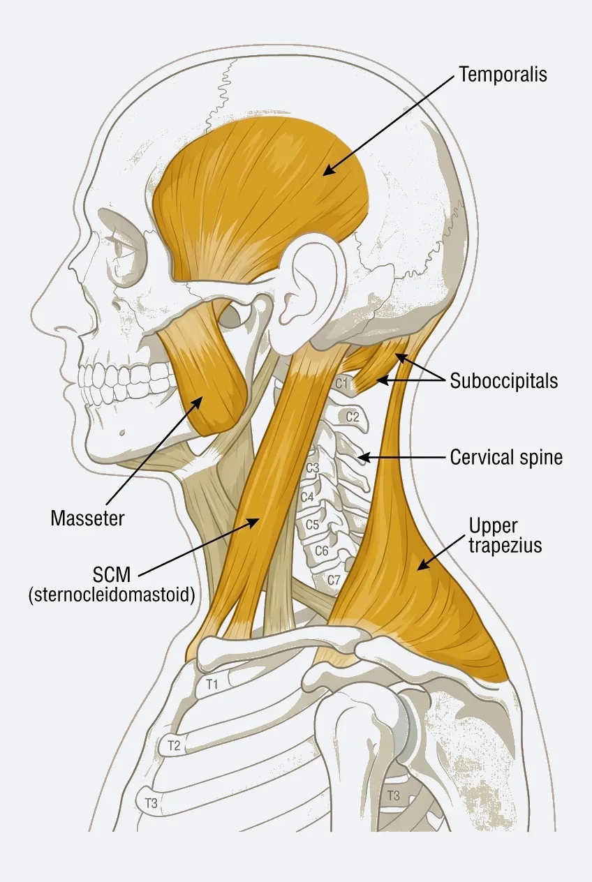 Anatomical diagram showing cervical-to-jaw muscular chain including temporalis, masseter, SCM, upper trapezius, and suboccipital muscles