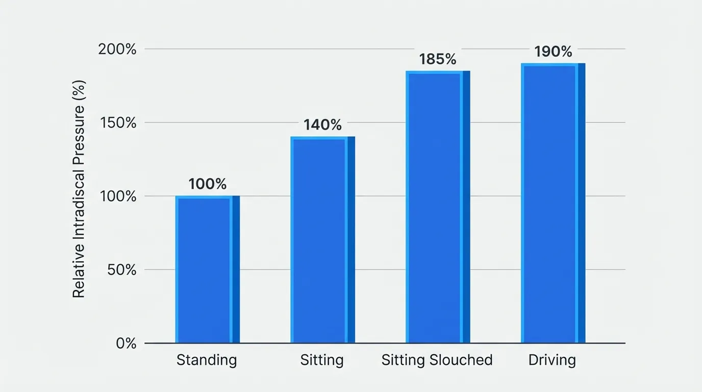 Bar chart comparing intradiscal pressure across postures: standing 100%, sitting 140%, slouched sitting 185%, driving with sciatica 190%