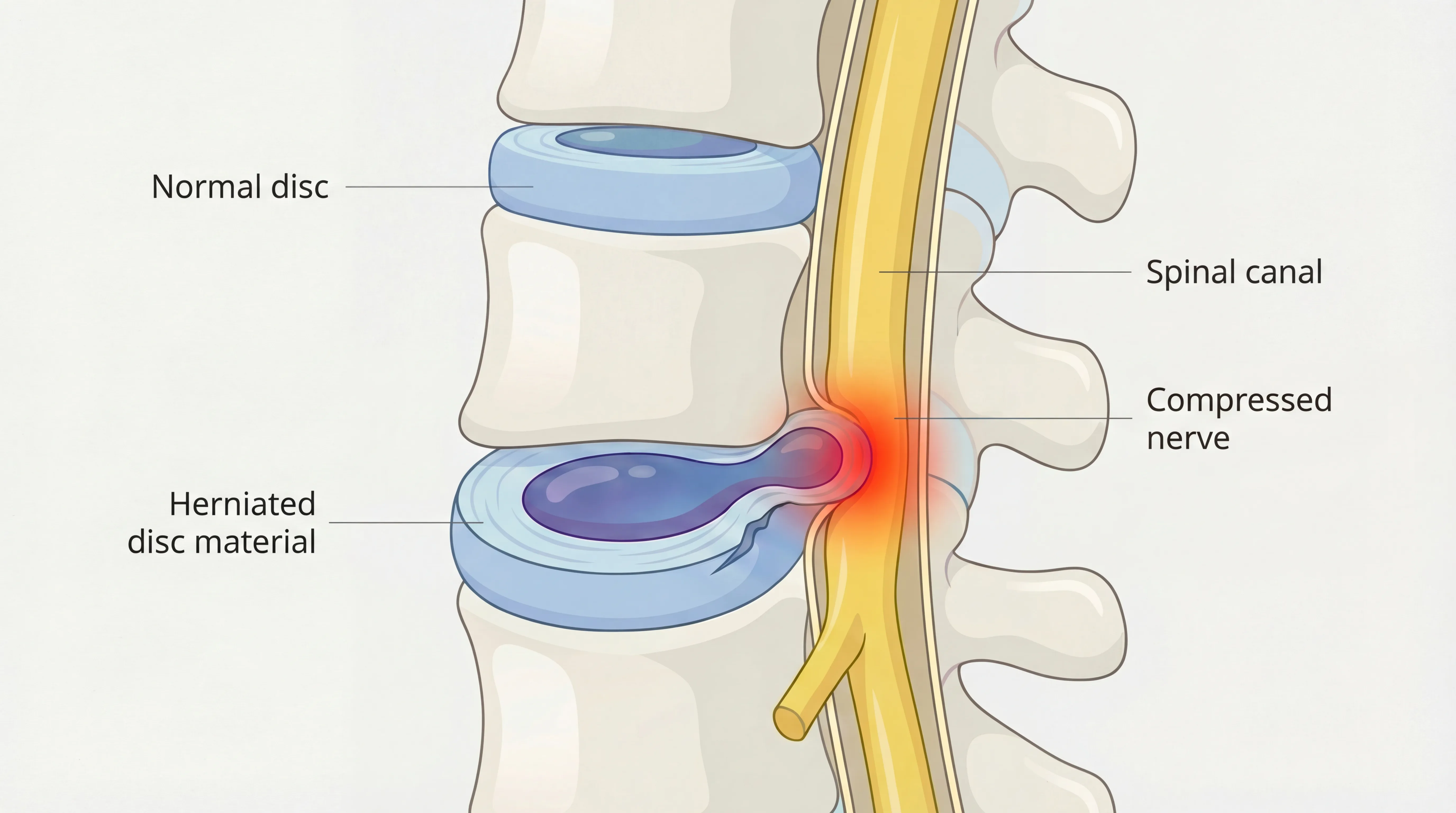 Herniated disc anatomy illustration showing nucleus pulposus pressing on spinal nerve