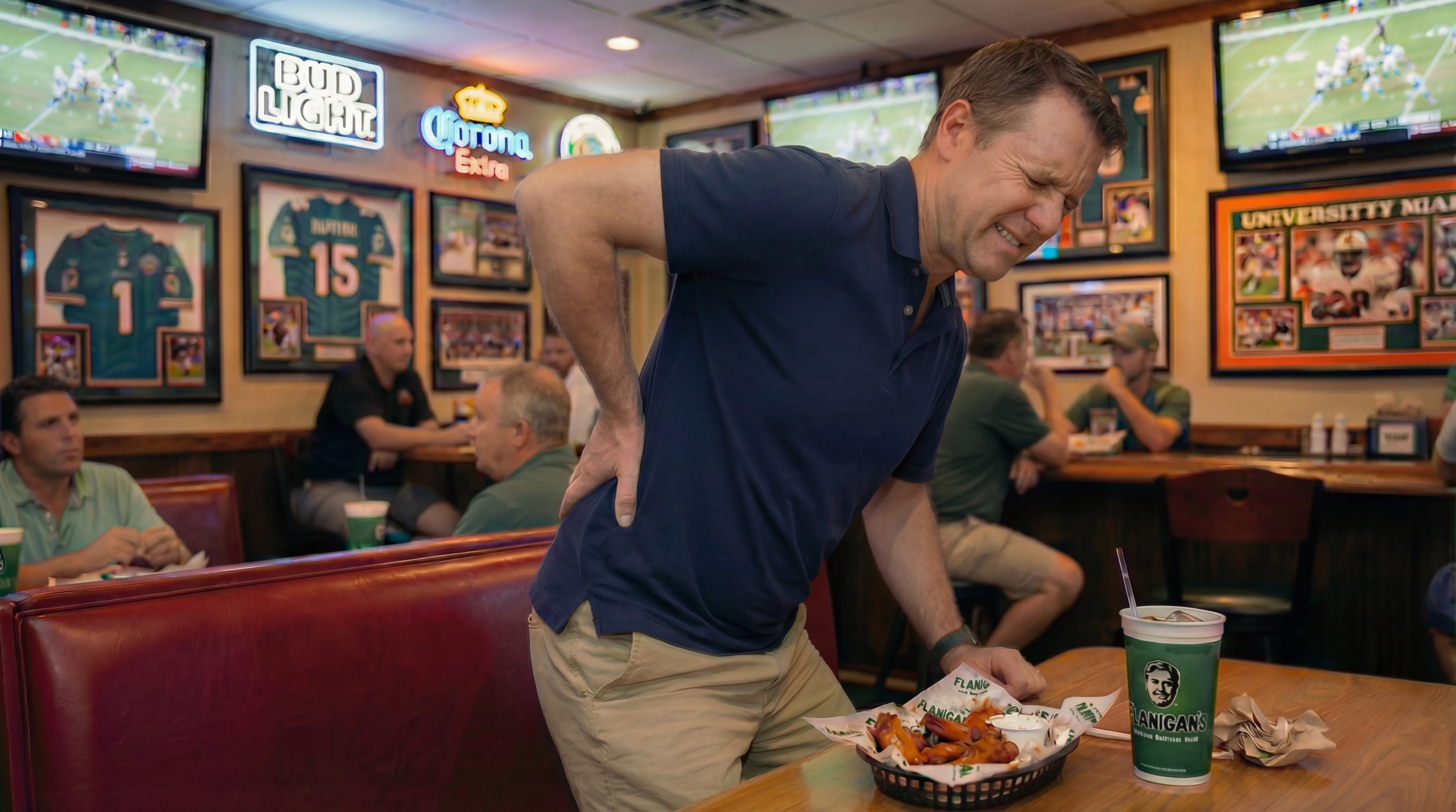 Man wincing from herniated disc pain while standing up from a booth at a South Florida sports bar in Miami