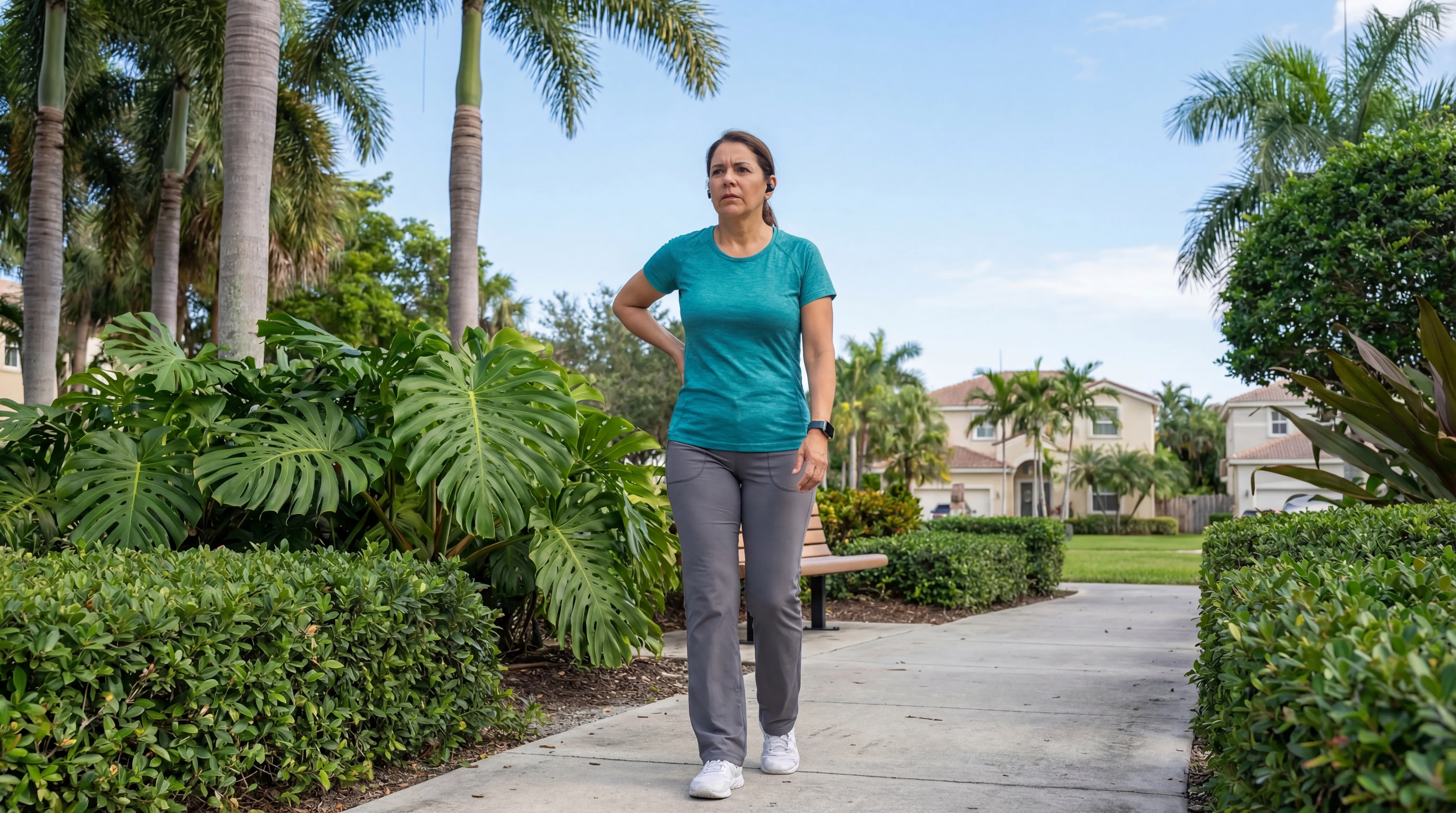 Woman recovering from lower back pain walking in Shenandoah Park Miami