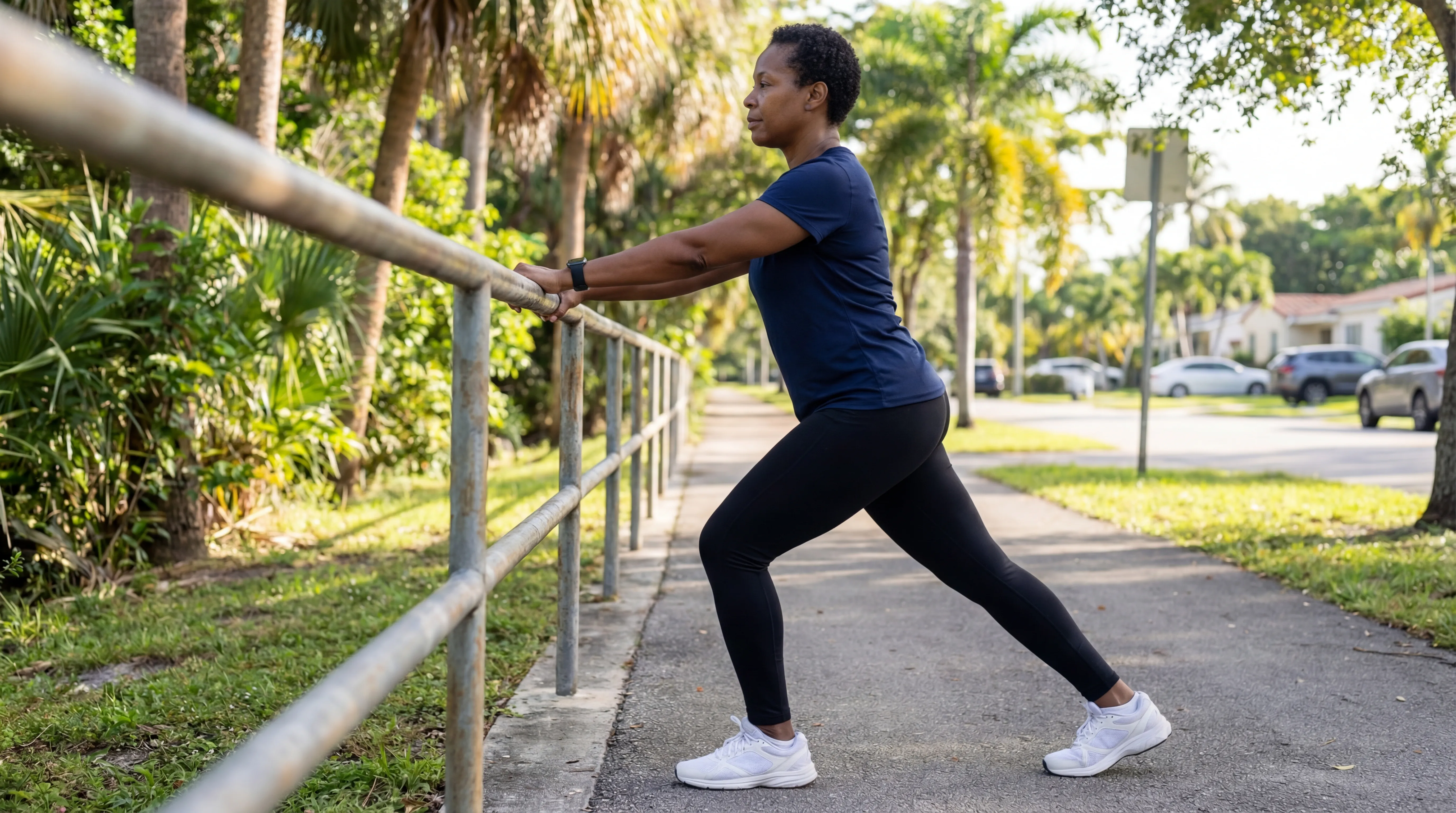 Woman performing a calf wall stretch for plantar fasciitis in a Miami neighborhood