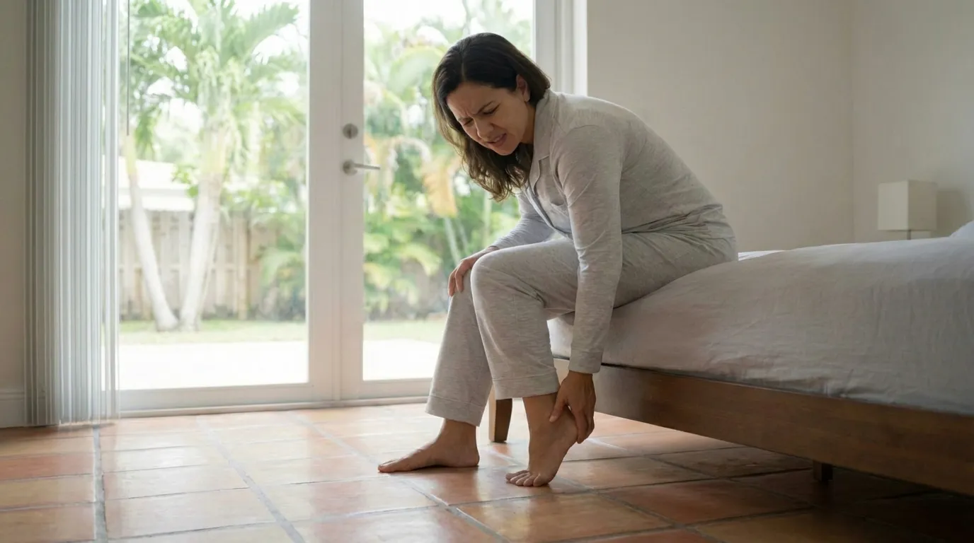 Woman with plantar fasciitis heel pain sitting on bed in Miami