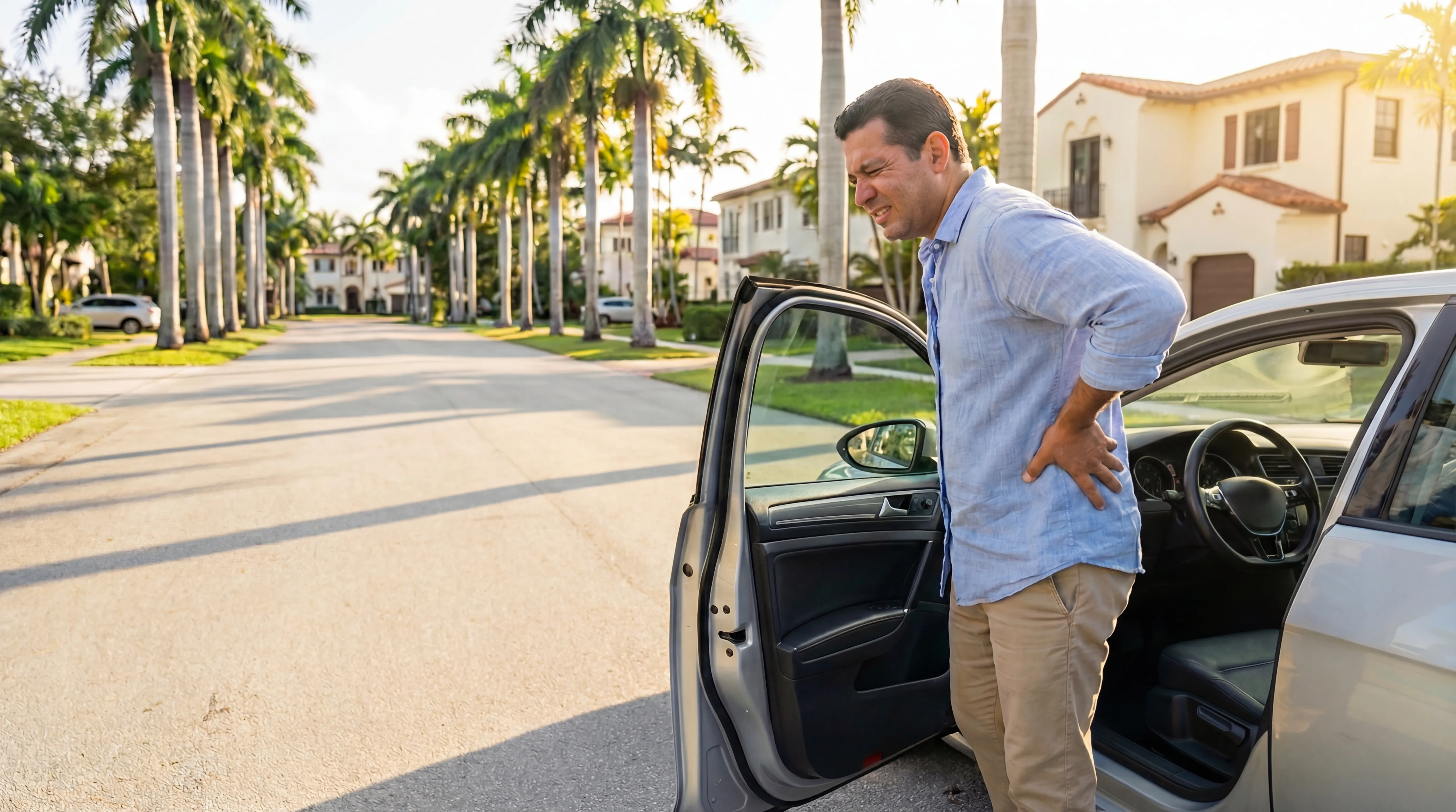 Man with sciatica pain getting out of car on a Coral Gables Miami street