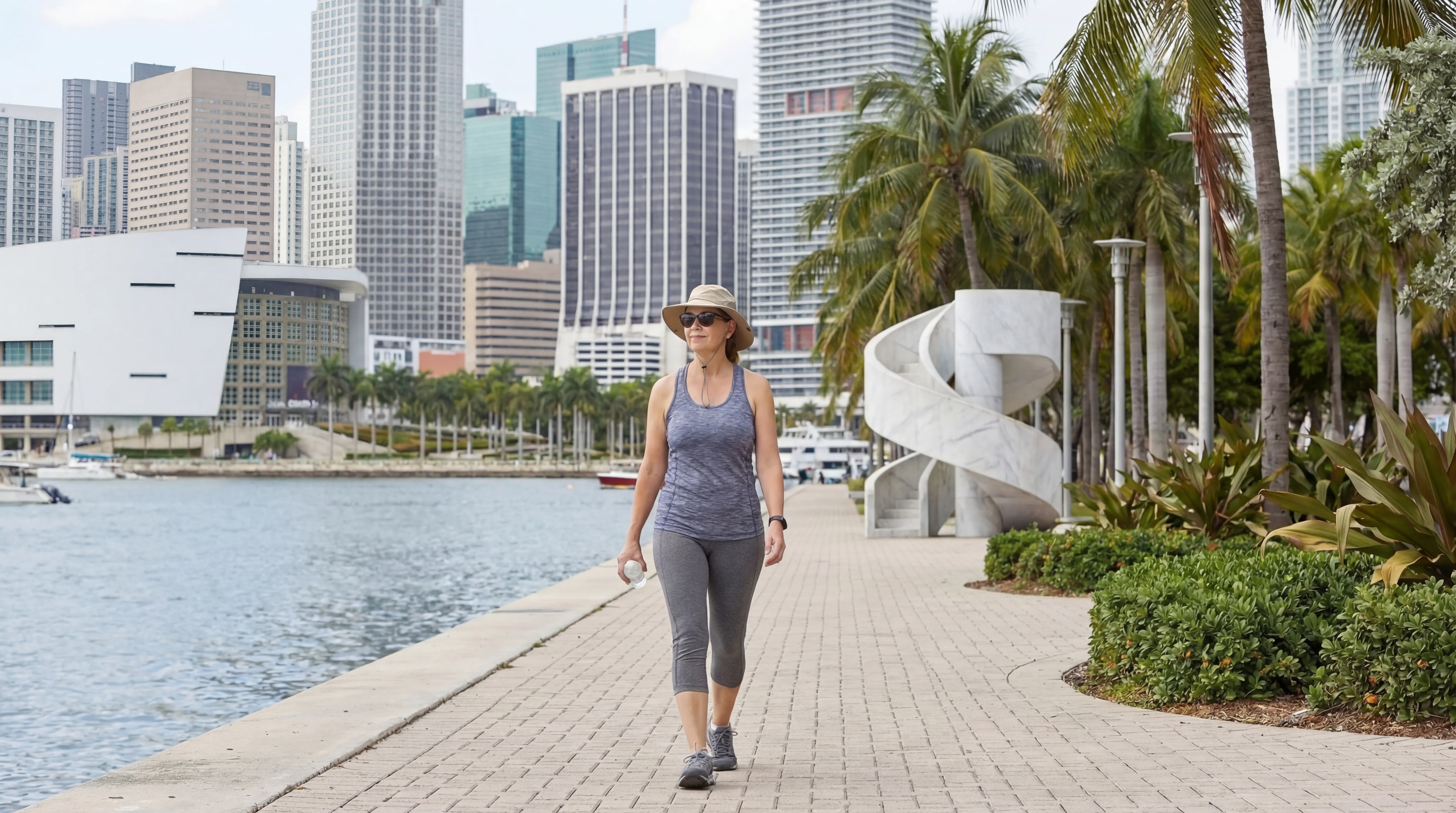 Woman walking comfortably along Bayfront Park waterfront path with Kaseya Center and downtown Miami skyline in the background after sciatica recovery