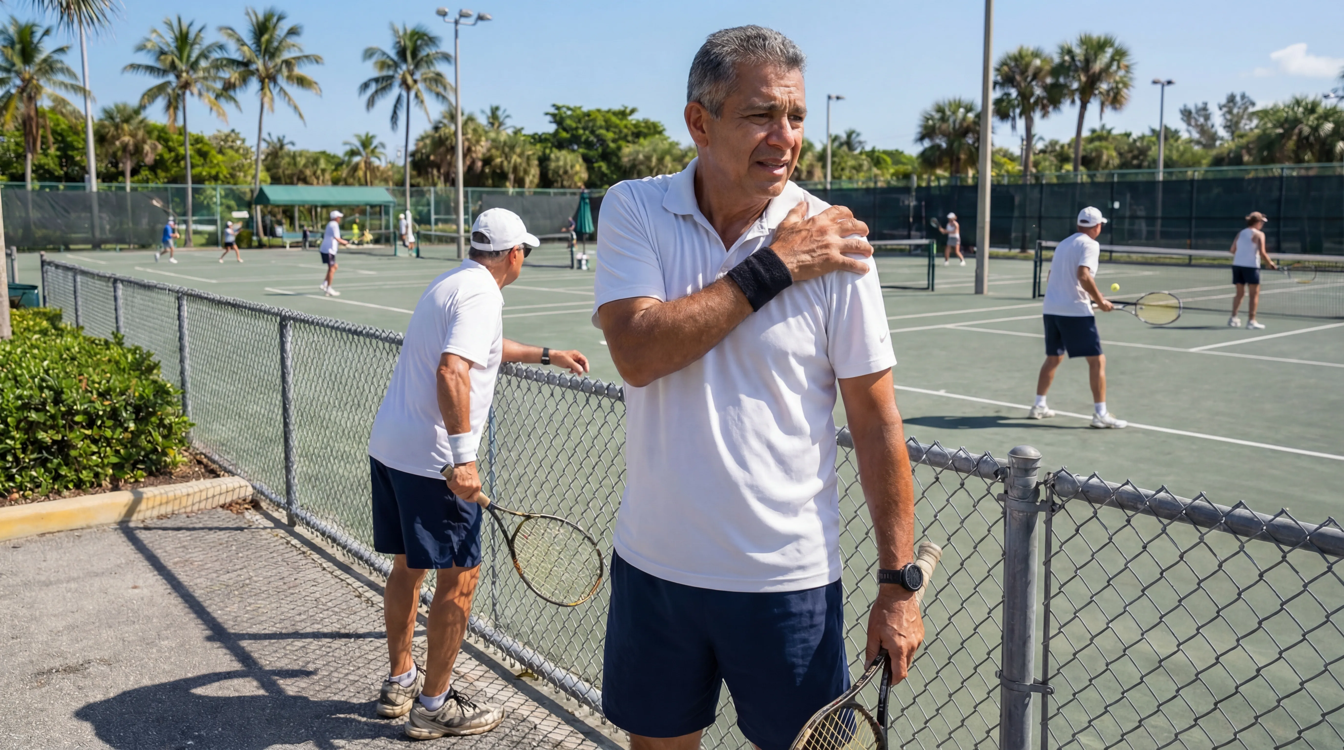 Man wincing from shoulder pain while serving during a tennis match at a Miami tennis club